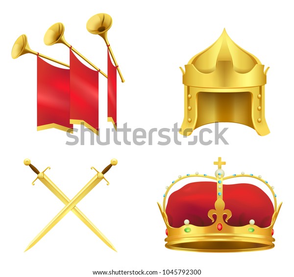 Golden Medieval Symbols 3d Icons Set Stock Vector (Royalty Free) 1045792300