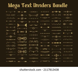 Golden Mega Text Dividers Bundle, Flourish dividers. Filigree, Hand drawn vector illustration. Borders and laurels, border for text vector abstract hand drawn design calligraphic separated set