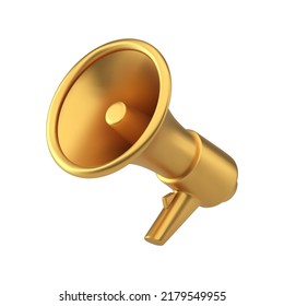 Golden Megaphone Premium Marketing Advertising Public Announce Portable Electronic Device Realistic 3d Icon Vector Illustration. Bullhorn Attention Promo Message Sale Discount Warning Sound Broadcast