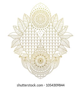 Golden mehendi hand drawn decorative element with leaves. Ethnic arabesque ornament, isolated on white background for tattoo, stickers, or clothes design in boho style. Vector art.