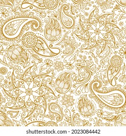Golden mehndi seamless pattern, vector. Traditional indian style, ornamental floral surface design, yoga design for cards and prints