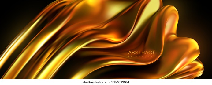 Golden melted shape. Vector 3d illustration. Abstract vivid background with smooth wavy structure. Colorful graphic design trend. Realistic gold substance. Modern cover template