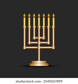 Golden menorah 3d with seven lit candles, symbolizing tradition, spirituality, and cultural heritage, on a dark background for holiday celebrations, religious ceremonies, and decorative purposes.