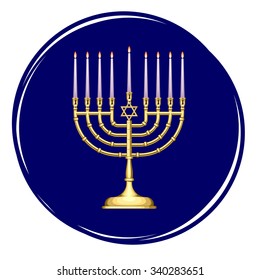 Golden Menorah with candles on dark blue background