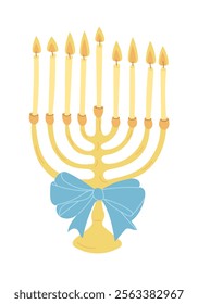 Golden menorah with nine lit candles and decorative blue bow, symbolizing Hanukkah celebration. Vector hand drawn drawing isolated on white background