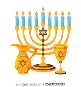 Golden Menorah with nine lit candles, jug of oil and goblet of wine. Hand drawn flat style isolated icon. Jewish holiday of Hanukkah traditional candelabrum. Happy Hanukkah Vector illustration