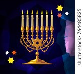 Golden menorah on a mosaic background. Vector clip art.