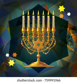 Golden menorah on a mosaic background. Vector clip art.