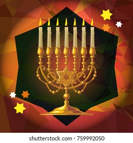 Golden menorah on a mosaic background. Vector clip art.