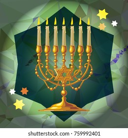 Golden menorah on a mosaic background. Vector clip art.