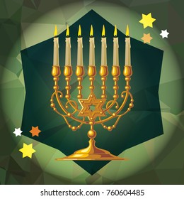 Golden menorah on a mosaic background. Vector clip art.