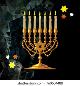 Golden menorah on a mosaic background. Vector clip art.