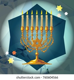Golden menorah on a mosaic background. Vector clip art.