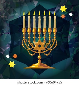 Golden menorah on a mosaic background. Vector clip art.