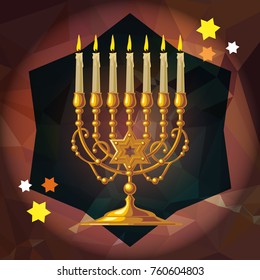 Golden menorah on a mosaic background. Vector clip art.