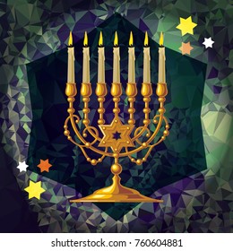 Golden menorah on a mosaic background. Vector clip art.