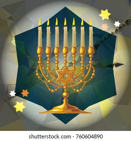 Golden menorah on a mosaic background. Vector clip art.