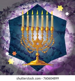 Golden menorah on a mosaic background. Vector clip art.