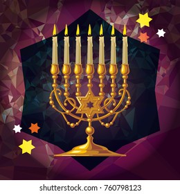 Golden menorah on a mosaic background. Vector clip art.