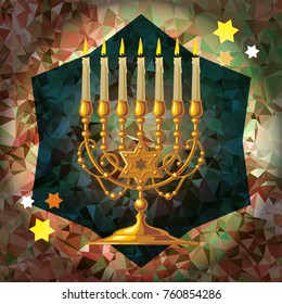 Golden menorah on a mosaic background. Vector clip art.