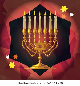 Golden menorah on a mosaic background. Vector clip art.