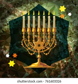 Golden menorah on a mosaic background. Vector clip art.