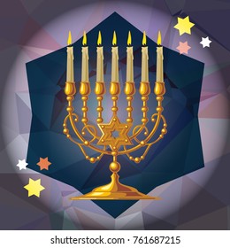 Golden menorah on a mosaic background. Vector clip art.