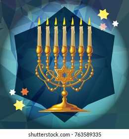 Golden menorah on a mosaic background. Vector clip art.