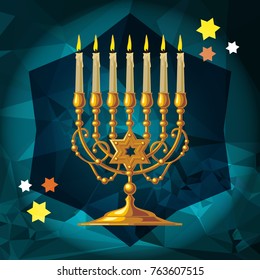 Golden menorah on a mosaic background. Vector clip art.