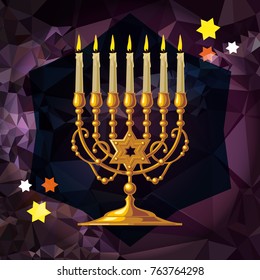 Golden menorah on a mosaic background. Vector clip art.