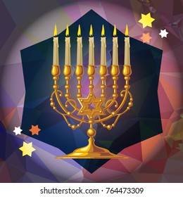 Golden menorah on a mosaic background. Vector clip art.