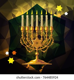 Golden menorah on a mosaic background. Vector clip art.