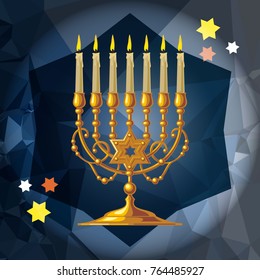 Golden menorah on a mosaic background. Vector clip art.