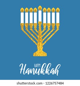 Golden menorah with white candles in a blue square with happy Hanukkah lettering. Vector illustration dedicated to the Jewish holiday of Hanukkah, menorah (traditional candelabra) and burning candles