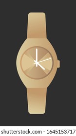 Golden men's and women's watch. Wirst watch. Gold accessory. Vector illustration on black background.