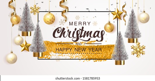 Golden Merry Christmas  balls light white background. Festive xmas decoration gold glass christmas balls and glossy snowflake, stars, fir tree, stars. Vector illustration banner design template EPS 10