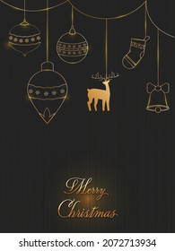 Golden Merry Christmas Calligraphy With Line Art Baubles, Sock, Jingle Bell And Reindeer Hang On Black Wooden Texture Background.