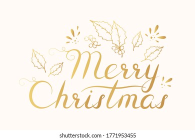 Golden Merry Christmas flourish elements. Holiday gold calligraphy lettering with holly leaves.  Vector isolated festive border for xmas designs