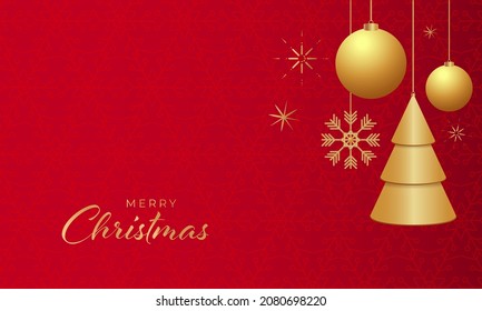 Golden Merry Christmas Font With 3D Baubles, Xmas Tree Hang On Red Snowflakes Pattern Background.