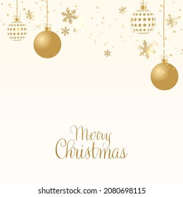 Golden Merry Christmas Font With Baubles Hang, Snowflakes And Bokeh Blur On Beige Background.