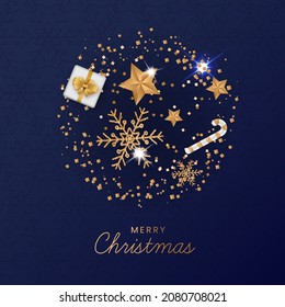 Golden Merry Christmas Font With Stars, Candy Cane, Gift Box And Square Glittering On Blue Snowflake Pattern Background.