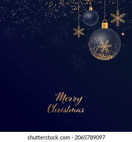 Golden Merry Christmas Font With Transparent Baubles, Golden Snowflakes Hang And Glitter Effect On Blue Background.