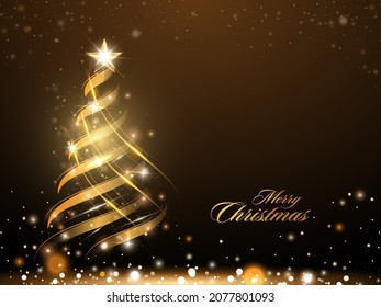 Golden Merry Christmas Font With Xmas Tree Made By Curved Wave, Light Effect On Brown Background.