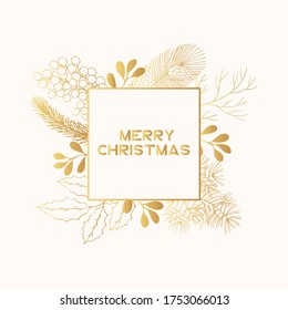 Golden Merry Christmas frame with holly, mistletoe, coniferous, pine, fir branches. Gold holiday border for greeting cards. Vector isolated festive flourish banner for xmas designs.