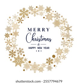 Golden Merry Christmas greeting card. Merry Christmas lettering with golden ornaments and wreath decoration of stars,snowflakes. Illustration for frame, template and banners in flat style