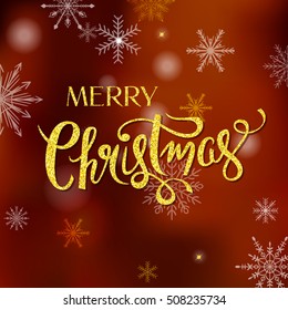 Golden Merry Christmas greeting card with golden hand drawn lettering over beautiful abstract background vector illustration.