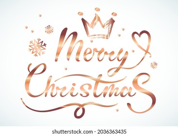 Golden Merry Christmas hand drawn lettering with snow and elegant crown with retro styled grunge heart as a decorative element for festive invitations and posters.