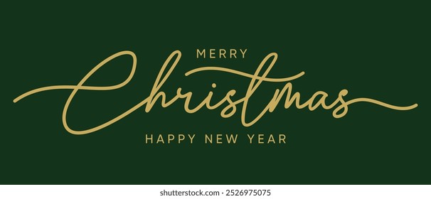 Golden Merry Christmas handwritten calligraphy isolated on green background. Vector holiday illustration element. Linear Merry Christmas lettering.