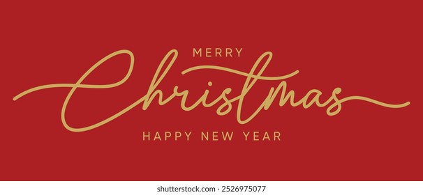 Golden Merry Christmas handwritten calligraphy isolated on red background. Vector holiday illustration element. Linear Merry Christmas lettering.