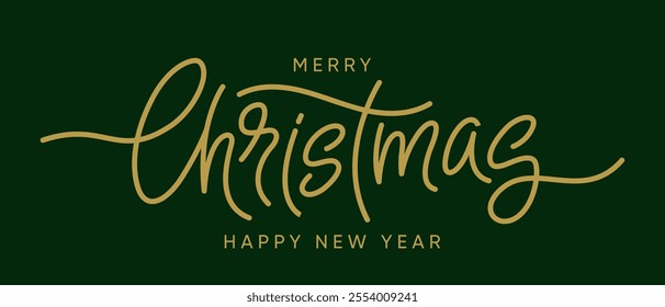 Golden Merry Christmas handwritten calligraphy isolated on green background. Vector holiday illustration element. Linear Merry Christmas lettering.